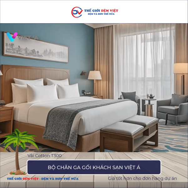 Bộ chăn ga gối khách sạn Việt Á vải Cotton T300 2